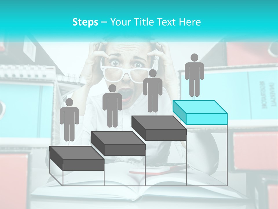 A Woman In Glasses Is Sitting At A Desk With Many Files PowerPoint Template