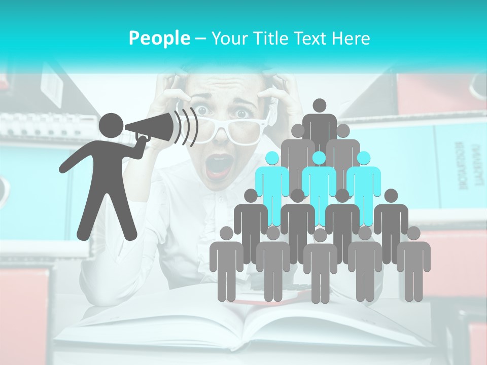 A Woman In Glasses Is Sitting At A Desk With Many Files PowerPoint Template