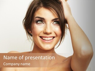A Woman Is Smiling While Holding Her Hair PowerPoint Template