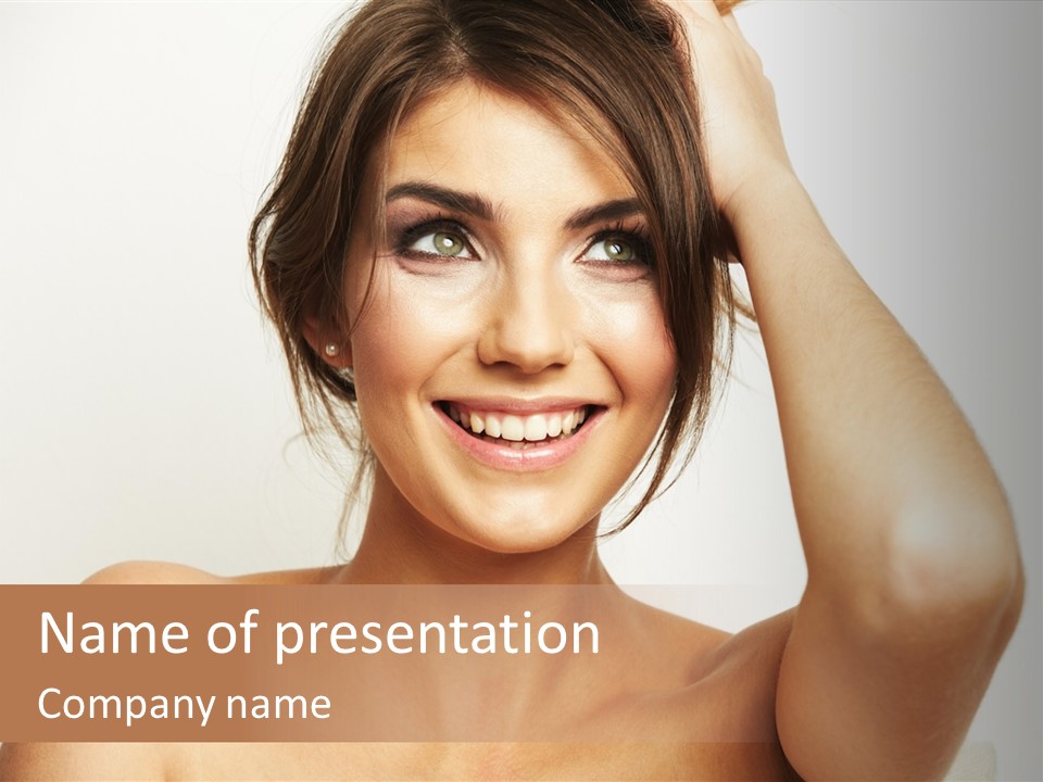 A Woman Is Smiling While Holding Her Hair PowerPoint Template