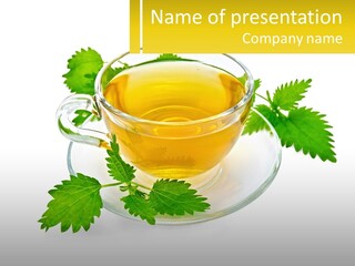 A Cup Of Green Tea With Leaves On A Saucer PowerPoint Template