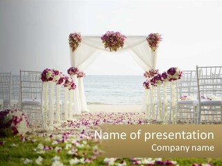 A Wedding Ceremony On The Beach With Flowers PowerPoint Template