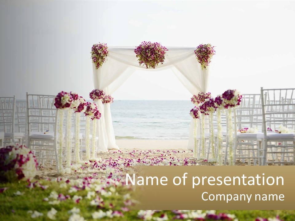 A Wedding Ceremony On The Beach With Flowers PowerPoint Template