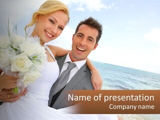 A Man And A Woman Posing For A Picture On The Beach PowerPoint Template