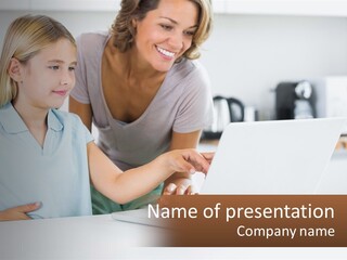 A Woman And A Child Are Looking At A Laptop PowerPoint Template