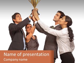 A Group Of People Holding Up A Trophy PowerPoint Template