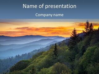 A Sunset Over A Mountain Range With Trees In The Foreground PowerPoint Template