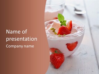 A Bowl Of Yogurt With Strawberries On A Table PowerPoint Template