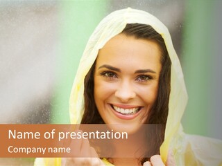 A Woman In A Yellow Raincoat Is Smiling PowerPoint Template