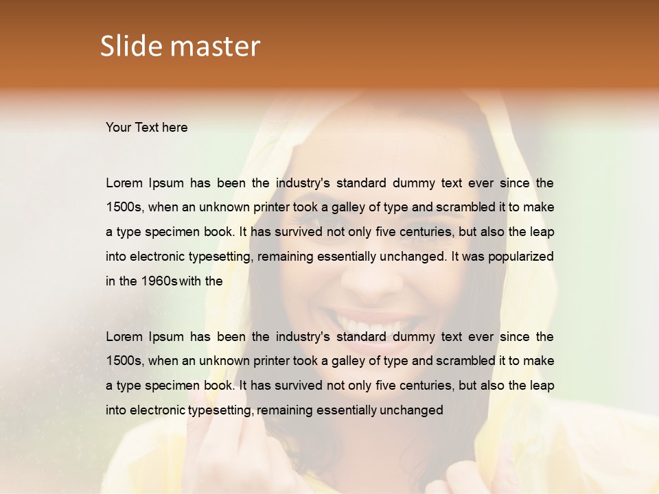 A Woman In A Yellow Raincoat Is Smiling PowerPoint Template
