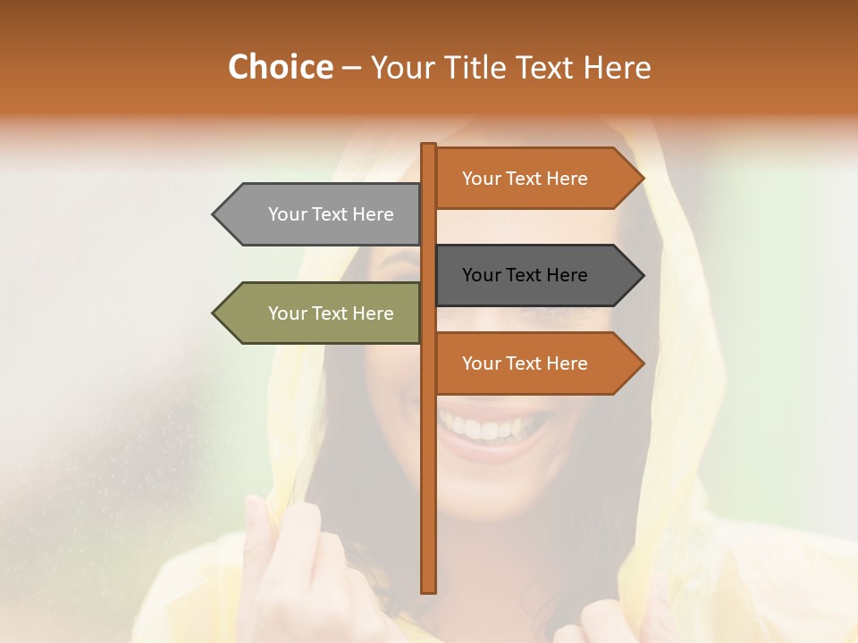 A Woman In A Yellow Raincoat Is Smiling PowerPoint Template