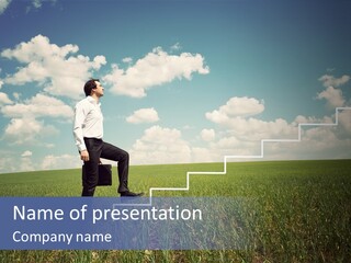 A Man Sitting On A Stair Going Up To The Sky PowerPoint Template