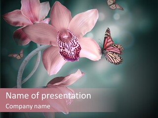 A Pink Flower With Butterflies Flying Around It PowerPoint Template