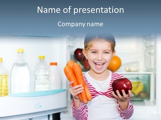 A Young Girl Holding Carrots And An Apple In Front Of A Refrigerator PowerPoint Template