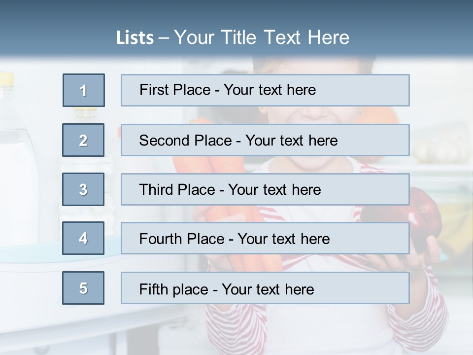 A Young Girl Holding Carrots And An Apple In Front Of A Refrigerator PowerPoint Template