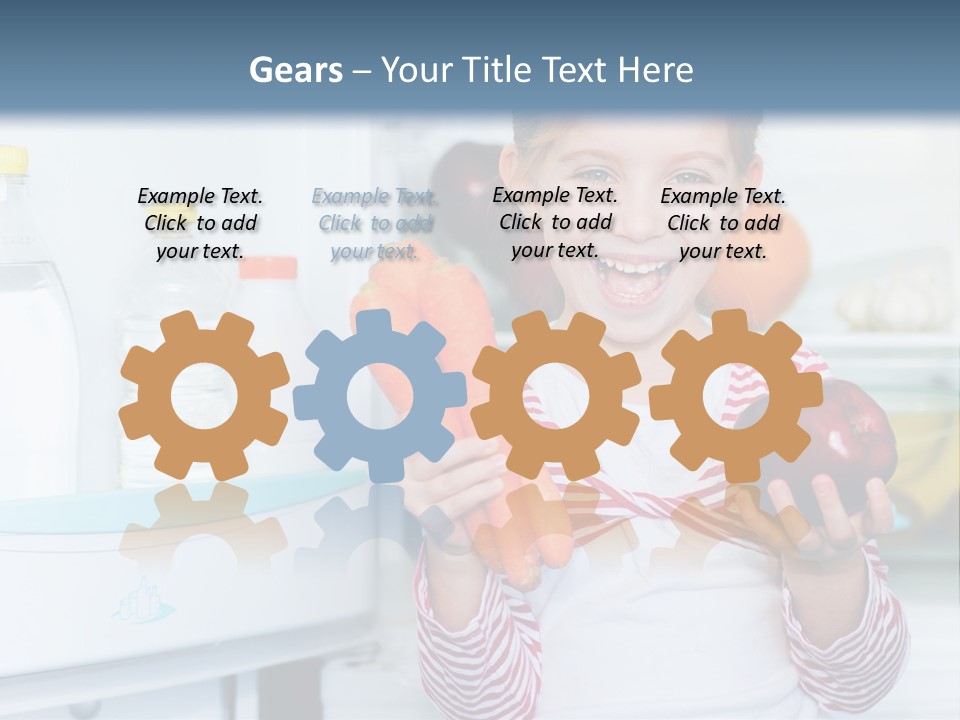 A Young Girl Holding Carrots And An Apple In Front Of A Refrigerator PowerPoint Template