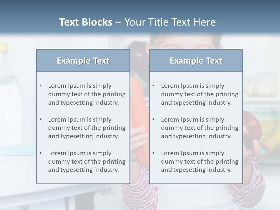 A Young Girl Holding Carrots And An Apple In Front Of A Refrigerator PowerPoint Template