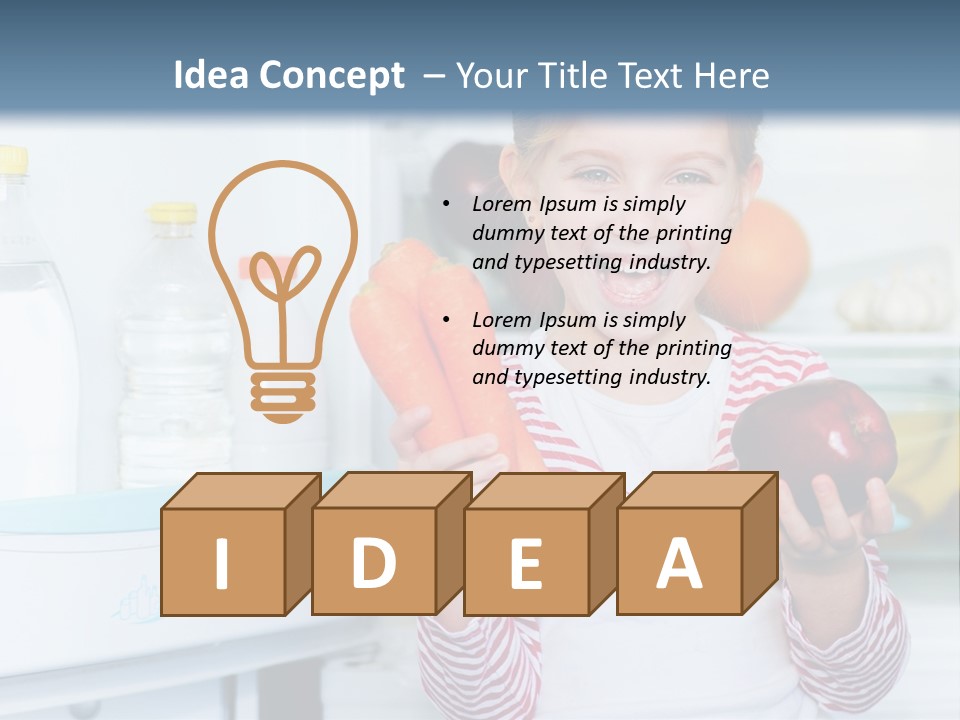 A Young Girl Holding Carrots And An Apple In Front Of A Refrigerator PowerPoint Template