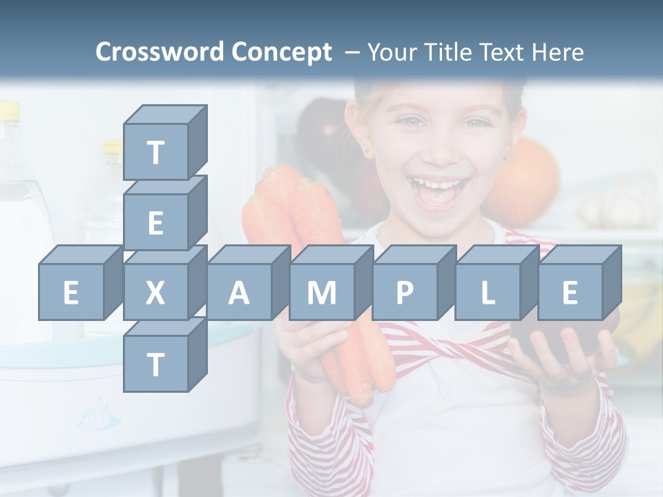 A Young Girl Holding Carrots And An Apple In Front Of A Refrigerator PowerPoint Template