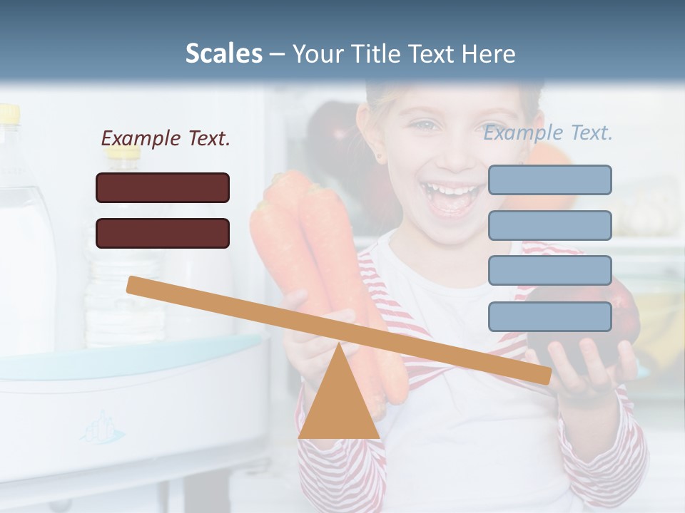 A Young Girl Holding Carrots And An Apple In Front Of A Refrigerator PowerPoint Template