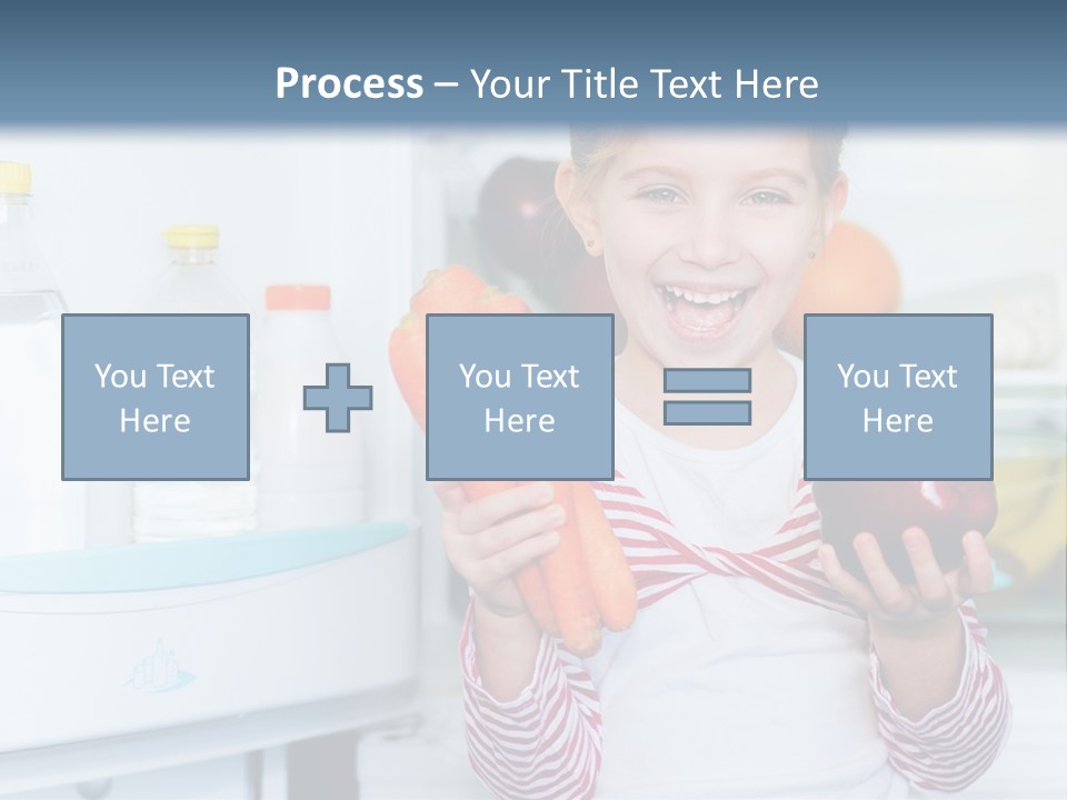 A Young Girl Holding Carrots And An Apple In Front Of A Refrigerator PowerPoint Template
