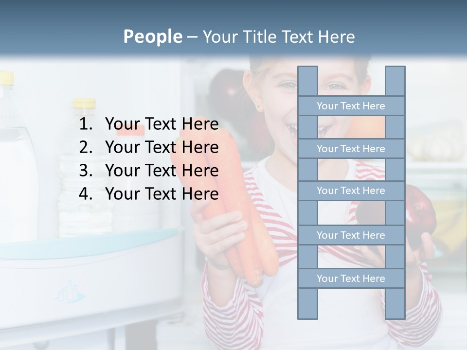A Young Girl Holding Carrots And An Apple In Front Of A Refrigerator PowerPoint Template