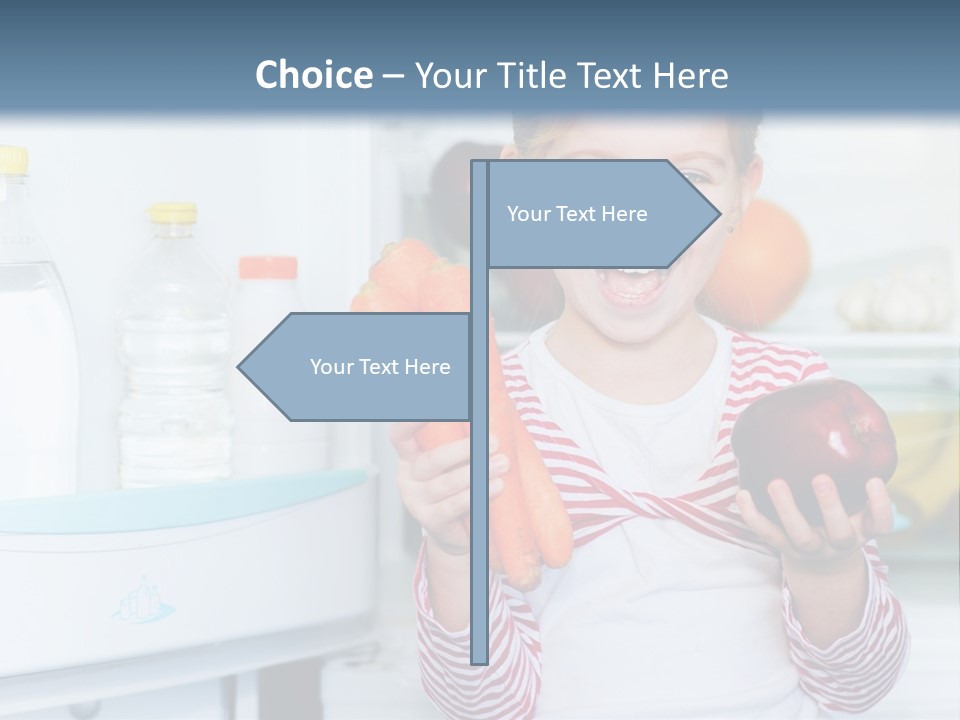 A Young Girl Holding Carrots And An Apple In Front Of A Refrigerator PowerPoint Template