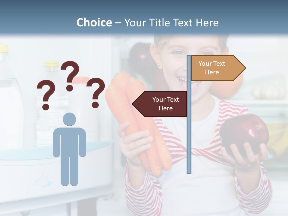 A Young Girl Holding Carrots And An Apple In Front Of A Refrigerator PowerPoint Template