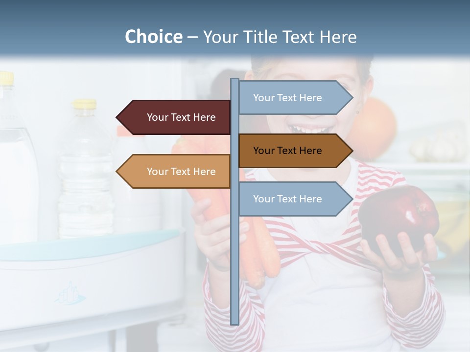 A Young Girl Holding Carrots And An Apple In Front Of A Refrigerator PowerPoint Template