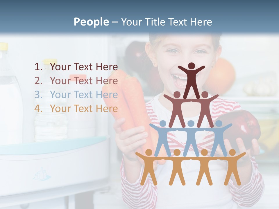 A Young Girl Holding Carrots And An Apple In Front Of A Refrigerator PowerPoint Template