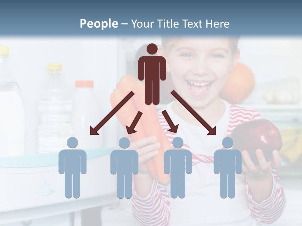 A Young Girl Holding Carrots And An Apple In Front Of A Refrigerator PowerPoint Template