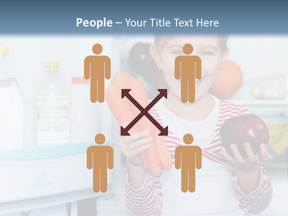 A Young Girl Holding Carrots And An Apple In Front Of A Refrigerator PowerPoint Template