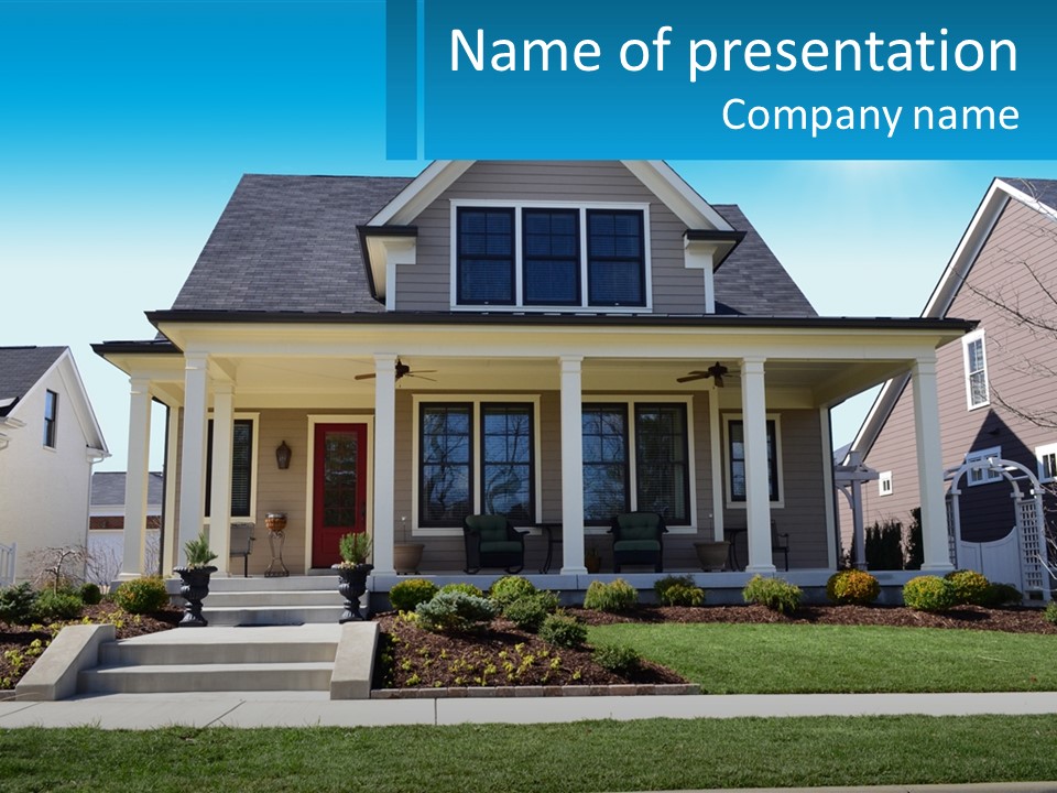 A House Is Shown With A Blue Sky In The Background PowerPoint Template