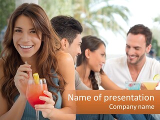 A Group Of People Sitting At A Table With Drinks PowerPoint Template