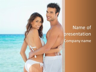 A Man And A Woman Standing Next To Each Other On A Beach PowerPoint Template