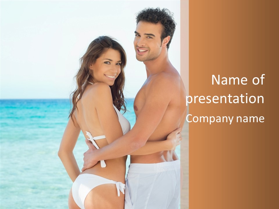 A Man And A Woman Standing Next To Each Other On A Beach PowerPoint Template