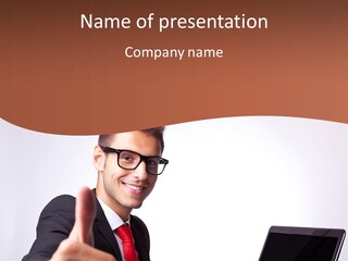 A Man In A Suit And Tie With A Laptop Giving A Thumbs Up PowerPoint Template