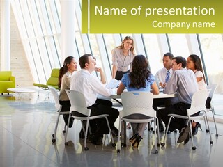 A Group Of People Sitting Around A Table Talking PowerPoint Template