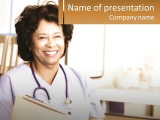 A Woman In Scrubs Is Holding A Clipboard PowerPoint Template