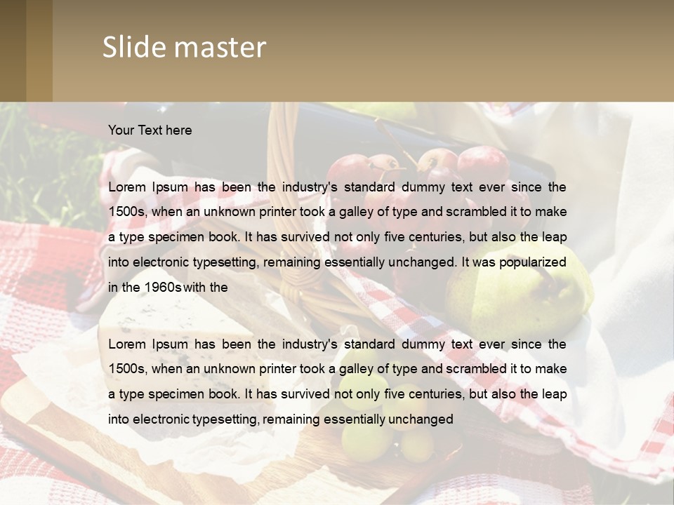 A Picnic Basket Filled With Fruit And Cheese PowerPoint Template