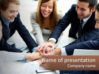 A Group Of Business People Putting Their Hands Together PowerPoint Template