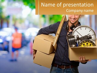 A Man Holding A Box With A Clock Inside Of It PowerPoint Template