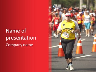 A Woman In A Yellow Shirt Is Running In A Race PowerPoint Template