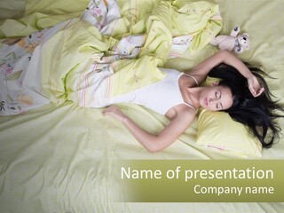 A Woman Laying On A Bed With A Teddy Bear PowerPoint Template