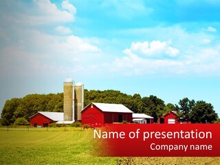 A Farm With A Red Barn And Silo In The Background PowerPoint Template