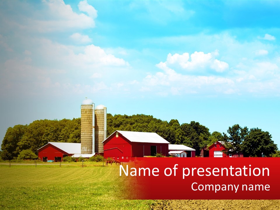 A Farm With A Red Barn And Silo In The Background PowerPoint Template