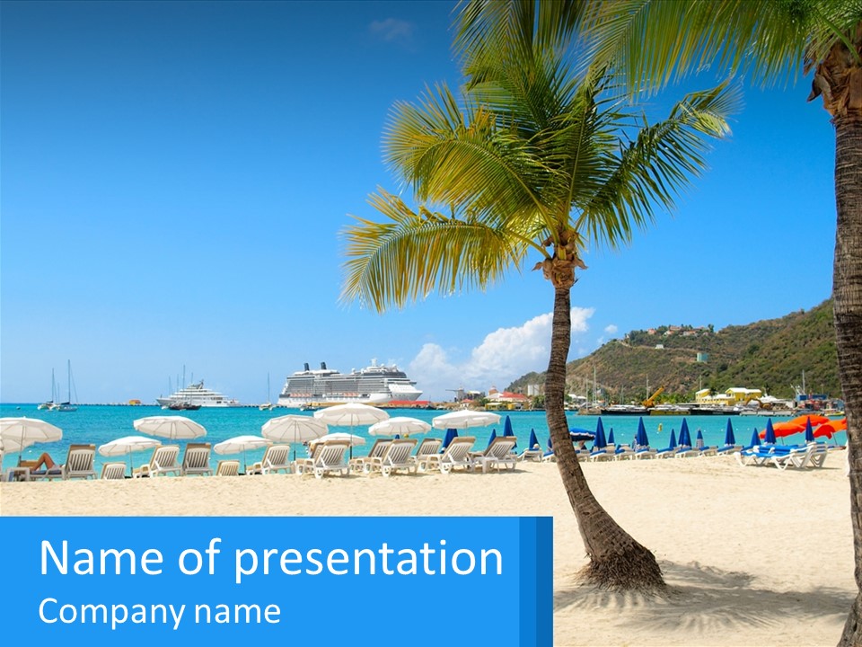A Palm Tree On A Beach With A Cruise Ship In The Background PowerPoint Template