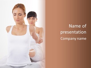 A Woman In A White Tank Top Is Doing Yoga PowerPoint Template