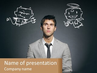 A Man Sitting At A Desk In Front Of A Blackboard With A Drawing Of PowerPoint Template