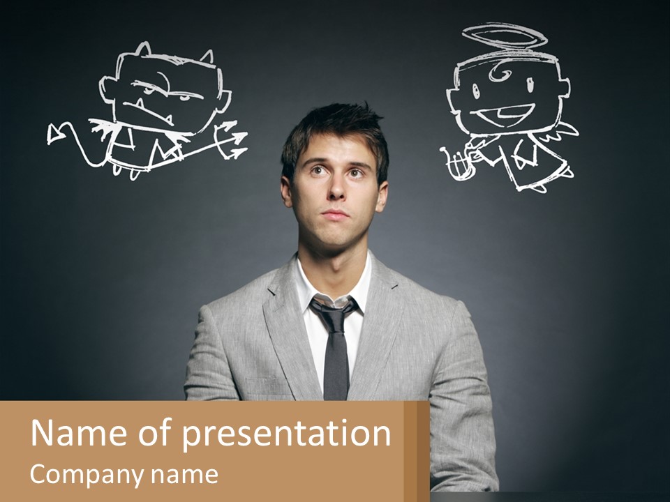 A Man Sitting At A Desk In Front Of A Blackboard With A Drawing Of PowerPoint Template